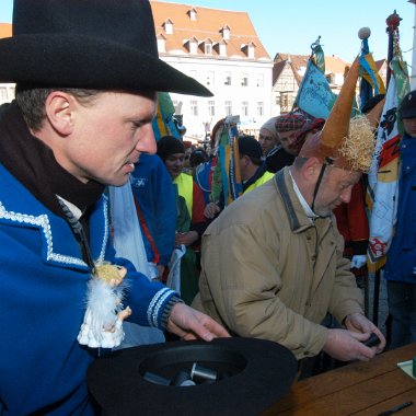 montag-tauziehen070205-001 Anfeuern halft nichts: Die Blue Angels unterliegen im Finale des n‰rrisches Tauziehens (ge)wichtiger Leute am Rosenmontag auf dem Neust‰dter Marktplatz gegen...